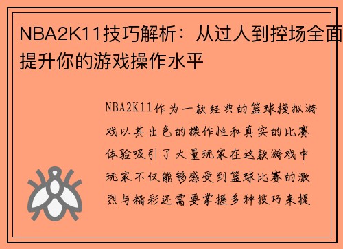 NBA2K11技巧解析：从过人到控场全面提升你的游戏操作水平