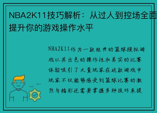 NBA2K11技巧解析：从过人到控场全面提升你的游戏操作水平